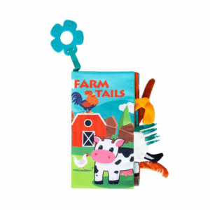 Carte senzoriala pentru bebelusi, stimulare vizuala, cu animalute colorate de la Ferma si inel din silicon pentru dentitie