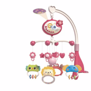 Carusel Muzical pentru Patut Bebe, cu proiector, muzica si lumini, jucarii detasabile, Roz