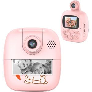 Camera Instantanee pentru Copii, Kareldo, Camera Frontala + Selfie, cu Functie de Printare, Cablu USB-C, Bluetooth, Compatibil iOS/Android, Imprimare APP, Model Bunny, Roz