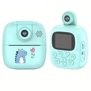 Camera Instantanee pentru Copii, Kareldo, Camera Frontala + Selfie, cu Functie de Printare, Cablu USB-C, Bluetooth, Compatibil iOS/Android, Imprimare APP, Model Dino, Albastru