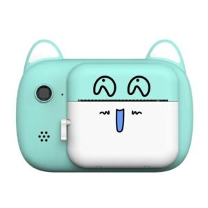 Camera Instantanee pentru Copii, Kareldo, Camera Frontala + Selfie, cu Functie de Printare, Cablu USB-C, Bluetooth, Compatibil iOS/Android, Imprimare APP, Model Pisica Smiley Face, Verde