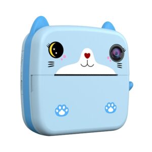 Camera Instantanee pentru Copii, Kareldo, cu Functie de Printare, Camera Frontala + Selfie, Cablu USB-C, Bluetooth, Compatibil iOS/Android, Imprimare APP, Model Pisica, Albastru