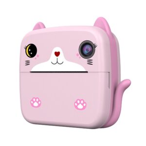 Camera Instantanee pentru Copii, Kareldo, cu Functie de Printare, Camera Frontala + Selfie, Cablu USB-C, Bluetooth, Compatibil iOS/Android, Imprimare APP, Model Pisica, Roz