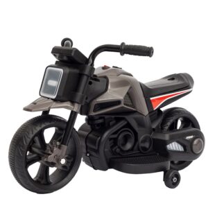 Motocicleta Electrica cu 2 Roti Mari si 2 Roti Ajutatoare, Kareldo, Acumulator Incarcare, Anti-Rasturnare, Lumini, Muzica, Motor:380, Baterie 6V4.5, 41.5x70x34 cm, 4.5 Kg, 3 Ani+, Gri Negru