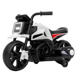 Motocicleta Electrica cu 2 Roti Mari si 2 Roti Ajutatoare, Kareldo, Acumulator Incarcare, Anti-Rasturnare, Lumini, Muzica, Motor:380, Baterie 6V4.5, 41.5x70x34 cm, 4.5 Kg, 3 Ani+, Alb Negru