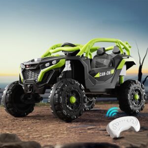 Masina Electrica pentru Copii, Kareldo, Tip Buggy/UTV Off-Road Dual Drive, Conectare Bluetooth, Telecomanda, Lumina Intermitenta si Muzica, Baterie 380*2, 6V 7Ah, 97 x 62 x 58 cm, Verde Negru