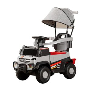 Masinuta Electrica, Kareldo, pe 4 Roti, cu Telecomanda si Maner Detasabil, Cos de Depozitare, Lumini Led si Muzica, +1 an, Greutate Portanta 40 kg, Gri