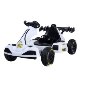 Masinuta Electrica Kareldo, Tip Kart, cu Telecomanda, Dimensiune Reglabila, 2 Viteze, Sistem de Lumini si Sunet, Pentru Copii intre 1.2 - 1.6 Inaltime, 105 x 55 x 50 cm, Alb