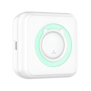 Mini Imprimanta Foto Portabila, Kareldo, 5 Role de Hartie Termica, 5 Role Autocolante, 3 Role Colorate, Pixuri, Incarcare USB, Model Pisica, Alb Verde