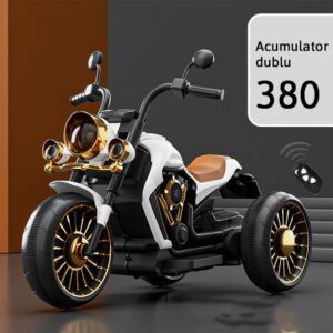 Tricicleta Electrica pentru Copii, Kareldo, cu 2 Acumulatoare 380*2, 6V 4.5, Sistem Anti-Rasturnare, Sistem de Lumini si Sunet, 6-8 Ani, 93 x 48 x 63 cm, Alb Negru