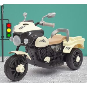 Motocicleta Electrica Kareldo, cu Acumulator, cu Sistem Anti-Rasturnare, Sistem de Lumini si Muzica, Cutie de Depozitare, 1-8 Ani, 93 x 43 x 58 cm, Alb - Bej