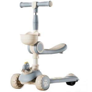 Trotineta Multifunctionala 3 in 1, Kareldo, pentru Copii, 1-7 Ani, cu Lumini si Muzica, Reglabil 360, Pliere Usoara, Reglarea Inaltimii, Model Dinozaur, Bej/Albastru