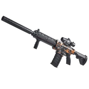 Pusca de Jucarie M416 Ultrarealista, Kareldo, cu Luneta, 10 de Proiectile din Spuma Moale, fara Cartuse, 95 cm, 8 ani+, Negru Portocaliu