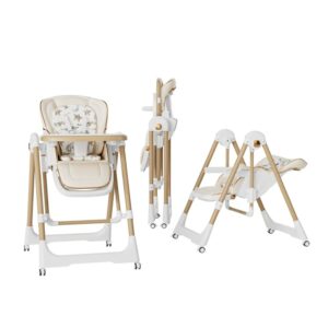 Scaun de Masa 2in1, Kareldo, pentru Copii 6 luni - 4 Ani, Pliabil, cu Roti, Balansoar, Leagan, Reglabil, Tava de Masa Dubla, Centura in 5 Puncte, 96 x 56 x 76 cm, Sampanie