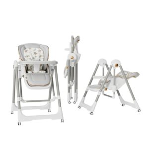 Scaun de Masa 2in1, Kareldo, pentru Copii 6 luni - 4 Ani, Pliabil, cu Roti, Balansoar, Leagan, Reglabil, Tava de Masa Dubla, Centura in 5 Puncte, 96 x 56 x 76 cm, Gri