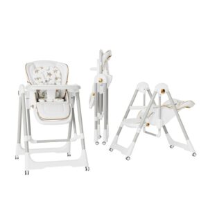 Scaun de Masa 2in1, Kareldo, pentru Copii 6 luni - 4 Ani, Pliabil, cu Roti, Balansoar, Leagan, Reglabil, Tava de Masa Dubla, Centura in 5 Puncte, 96 x 56 x 76 cm, Alb