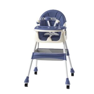 Scaun de Masa 2in1, Kareldo, pentru Copii de la 6 luni - 5 Ani, Inaltime Reglabila, Centura in 5 Puncte, Tava de Masa, Roti cu Frana, Cos Depozitare, Jucarie Inclusa, 94 x 78 x 60 cm, Albastru/Alb