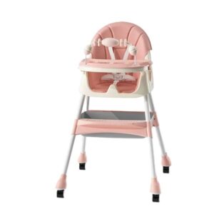 Scaun de Masa 2in1, Kareldo, pentru Copii de la 6 luni - 5 Ani, Inaltime Reglabila, Centura in 5 Puncte, Tava de Masa, Roti cu Frana, Cos Depozitare, Jucarie Inclusa, 94 x 78 x 60 cm, Roz