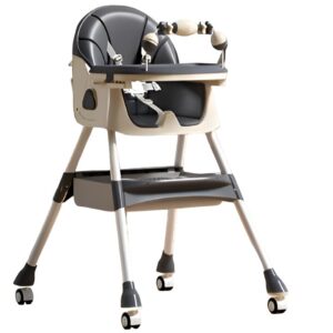 Scaun de Masa pe Roti pentru Copii, Kareldo, 2 Tavite si Husa Detasabile, Multifuncțional, Stabil, Centura de Siguranta, Spatar Reglabil Moale, Balansoar, Cos de Depozitare, de la 6 Luni, Gri