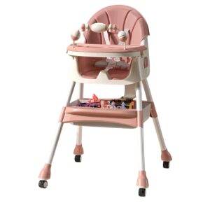 Scaun de Masa pentru Bebelusi si Copii, Kareldo, 2 Tavite cu Jucarii si Husa Detasabile, Multifuncțional, Stabil, Centura de Siguranta, Spatar Reglabil Moale, Balansoar, Cos de Depozitare, de la 6 Luni, 97x73x65cm, Roz