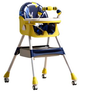 Scaun de Masa pentru Bebelusi si Copii, Kareldo, 2 Tavite cu Jucarii si Husa Detasabile, Multifuncțional, Stabil, Centura de Siguranta, Spatar Reglabil Moale, Balansoar, Cos de Depozitare, de la 6 Luni, 97x73x65cm, Galben