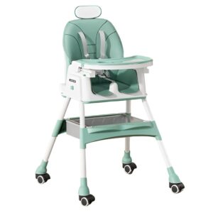 Scaun de Masa pentru Bebelusi si Copii Kareldo, cu Roti, cu Tetiera, Telescopic, Pliabil, Masuta Reglabila, Suport Picioare, Scaun cu Invelis Piele Artificiala, Centura Siguranta, Spatiu Depozitare, 97 x 73 x 65 cm, Albastru