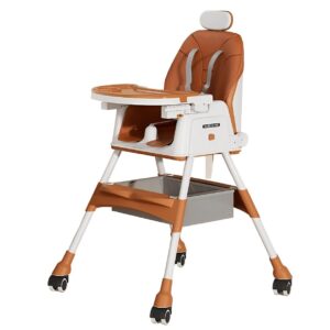 Scaun de Masa pentru Bebelusi si Copii Kareldo, cu Roti, cu Tetiera, Telescopic, Pliabil, Masuta Reglabila, Suport Picioare, Scaun cu Invelis Piele Artificiala, Centura Siguranta, Spatiu Depozitare, 97 x 73 x 65 cm, Maro