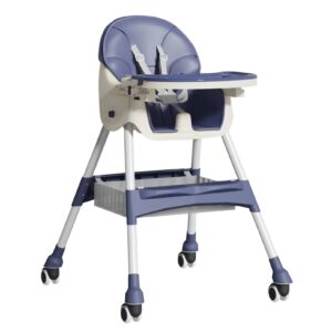 Scaun de Masa pentru Bebelusi si Copii, Kareldo, cu Roti, Telescopic, Pliabil, Masuta Reglabila, Suport Picioare, Scaun cu Invelis Piele Artificiala, Centura Siguranta, Spatiu Depozitare, 97x73x65 cm, Albastru