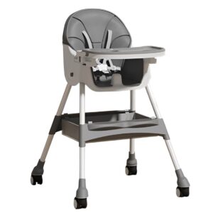 Scaun de Masa pentru Bebelusi si Copii, Kareldo, cu Roti, Telescopic, Pliabil, Masuta Reglabila, Suport Picioare, Scaun cu Invelis Piele Artificiala, Centura Siguranta, Spatiu Depozitare, 97x73x65 cm, Gri