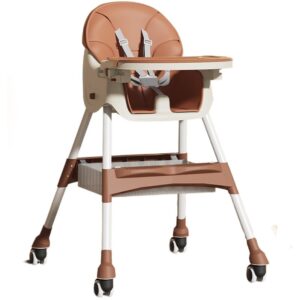 Scaun de Masa pentru Bebelusi si Copii, Kareldo, cu Roti, Telescopic, Pliabil, Masuta Reglabila, Suport Picioare, Scaun cu Invelis Piele Artificiala, Centura Siguranta, Spatiu Depozitare, 97x73x65 cm, Maro