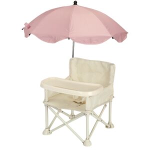Scaun de Masa pentru Bebelusi si Copii, Kareldo, Tavita si Husa Detasabile, Multifuncțional, Stabil, Centura de Siguranta, Cos de Depozitare, Bej, cu Umbrela Roz, de la 6 Luni