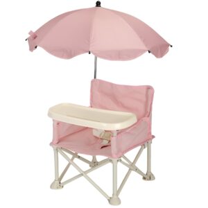 Scaun de Masa pentru Bebelusi si Copii, Kareldo, Tavita si Husa Detasabile, Multifuncțional, Stabil, Centura de Siguranta, Cos de Depozitare, Roz, cu Umbrela Roz, de la 6 Luni