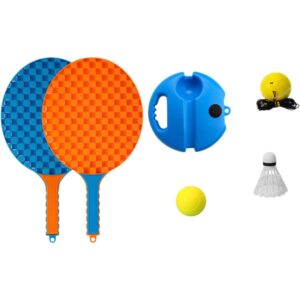 Set Badminton pentru Copii, Kareldo, Doua Palete, Fluturas, 2 Mingi, Minge cu Elastic pentru Antrenament, Suport de Prindere Stabil, 41x23 cm, Albastru Portocaliu