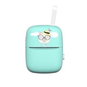 Set Mini Imprimanta Foto Portabila, Kareldo, Include: 1x Set de Markere, 5x Role de Hartie Termica, 5x Role Hartie Adeziva, Incarcare USB, Bluetooth, Print Alb-Negru, Model Pisica, Albastru