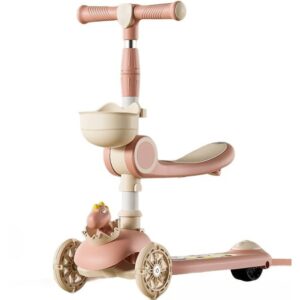 Trotineta Multifunctionala 3 in 1, Kareldo, pentru Copii, 1-7 Ani, cu Lumini si Muzica, Reglabil 360, Pliere Usoara, Reglarea Inaltimii, Model Dinozaur, Alb/Roz