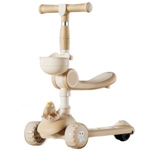 Trotineta Multifunctionala 3 in 1, Kareldo, pentru Copii, 1-7 Ani, cu Lumini si Muzica, Reglabil 360, Pliere Usoara, Reglarea Inaltimii, Model Dinozaur, 67-76 x 24 x 55 cm, Alb/Bej